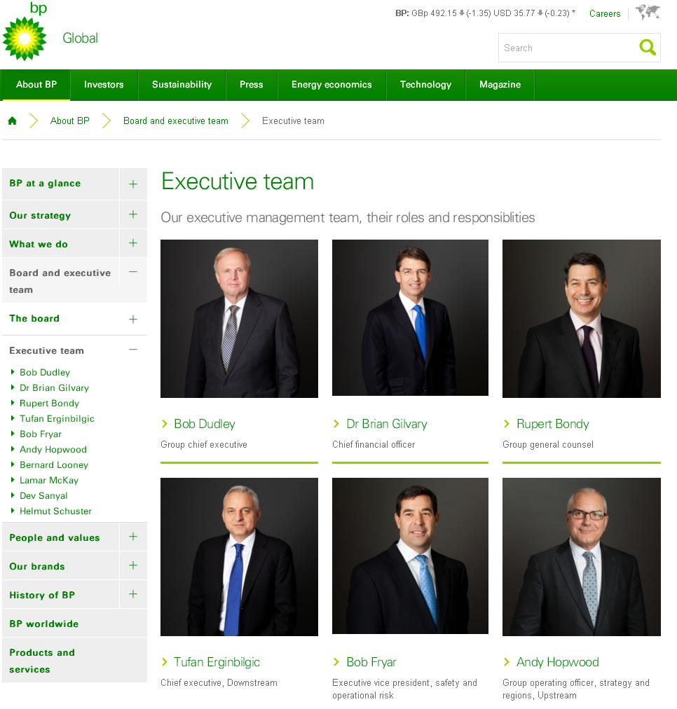 On the BP corporate PR website, you can find any type of executive information, from their studies and career to their hobbies and outside interests