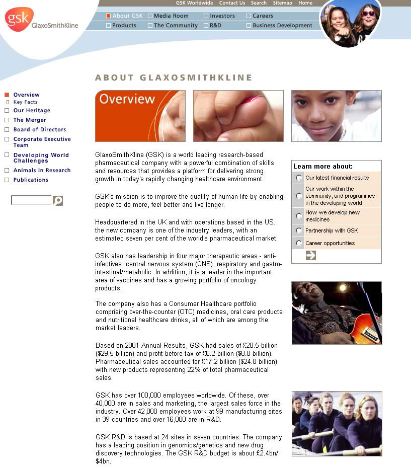 The GSK corporate PR website presents an extensive but condensed company profile, that helps journalists to learn everything they need about the company, in only one page.