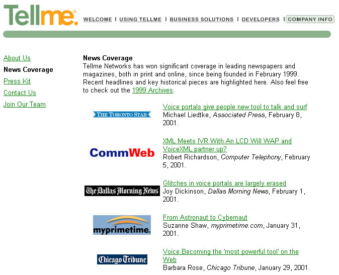 Former Tellme Networks corporate PR website presented a distinct news coverage section. Each news item was properly cited and linked to the source’s website.